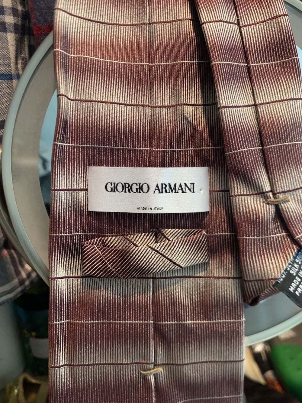Giorgio Armani Burgundy & Silver Striped Silk Tie Made in Italy